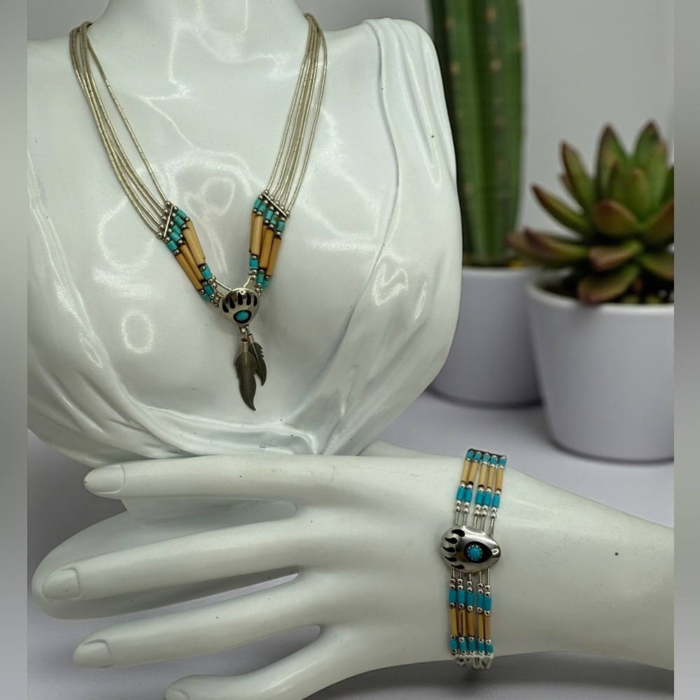 Carolyn Pollack Sterling Silver Turquoise Bear Paw Feather Necklace Bracelet Set